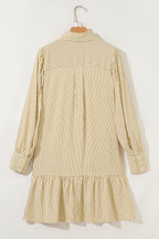 Brown Stripe Collared Neck Cuffed Long Sleeve Drop Waist Mini Dress