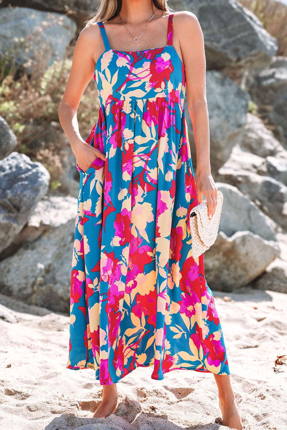 Dark Blue Floral High Waist Sleeveless Flared Long Dress