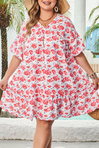Red Floral Ruffled Half Sleeve V Neck Plus Size Dress