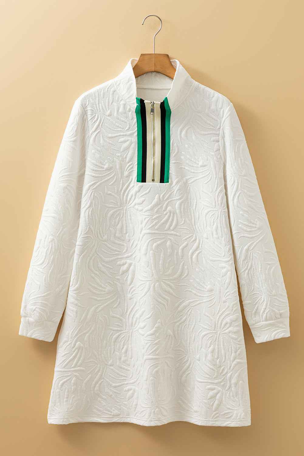 White Jacquard Textured Quarter Zipper Shift Mini Dress