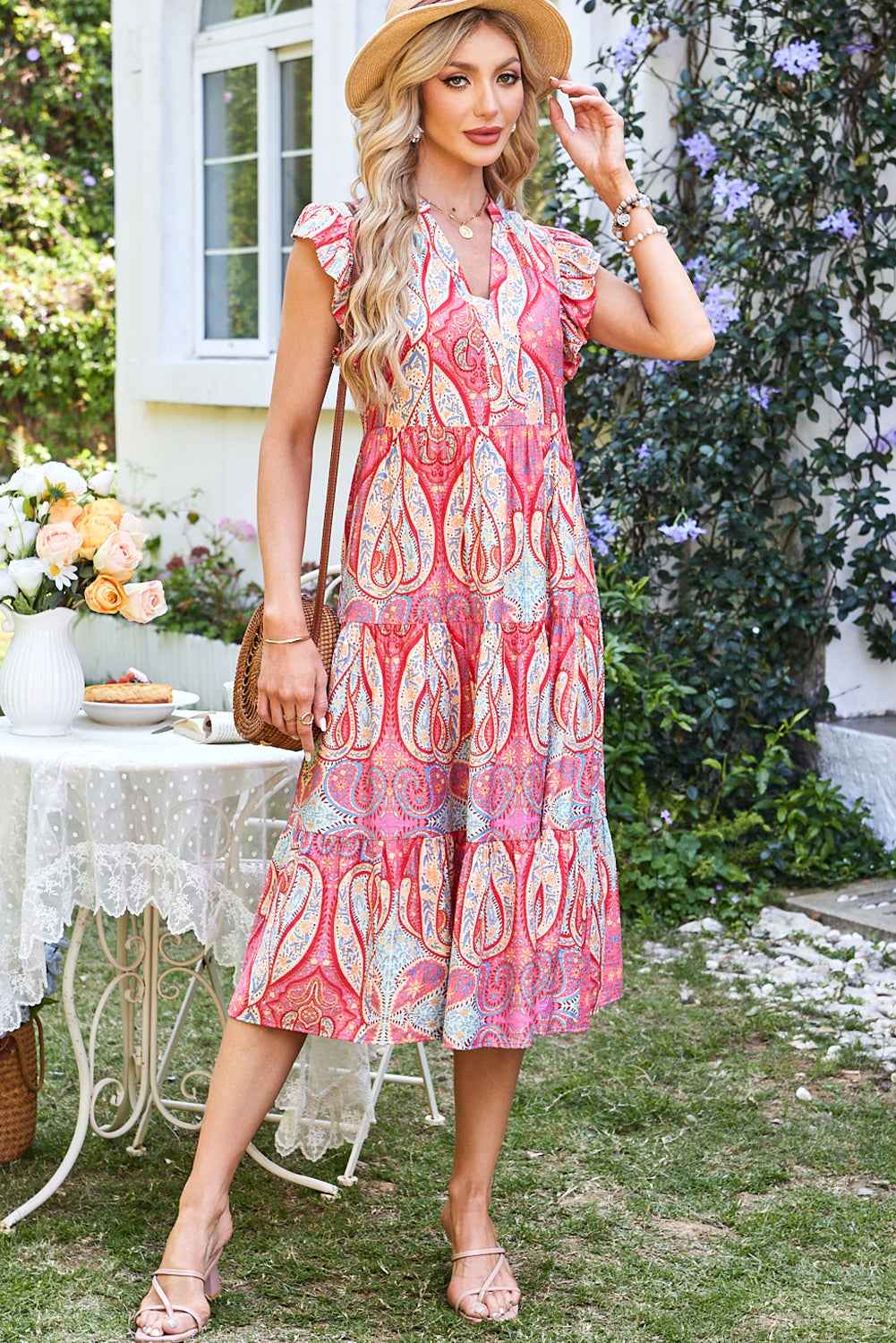 Rose Tribal Paisley Print Ruffled Sleeve Notch Neck Midi Dress