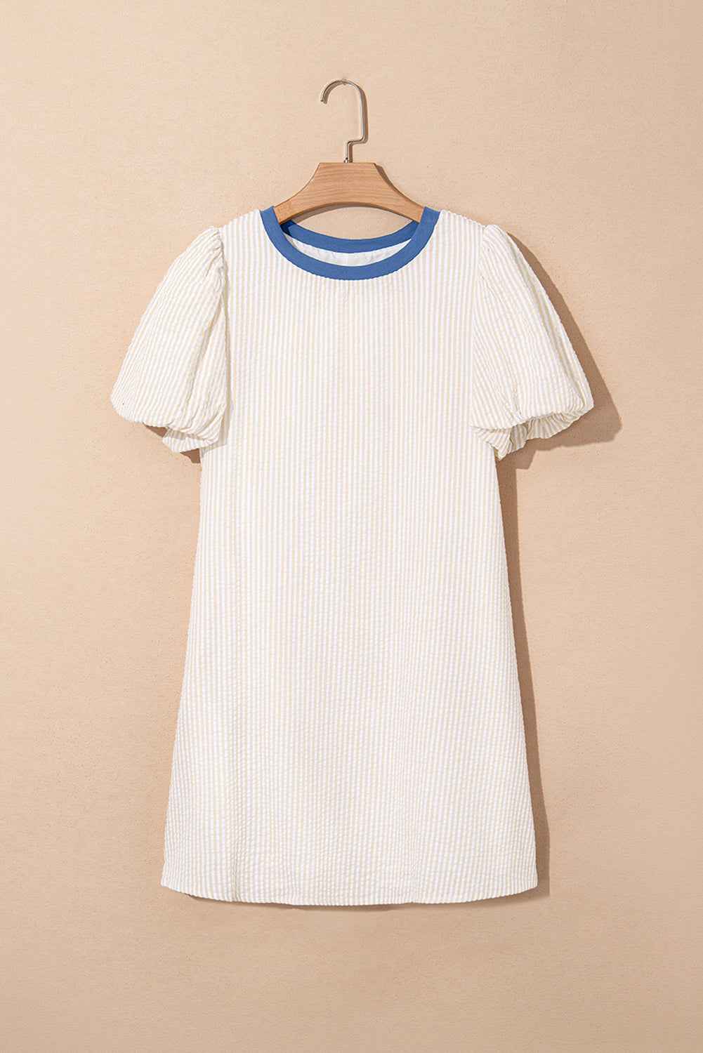 Beige Stripe Seersucker Contrast Round Neck Puff Sleeve T Shirt Dress