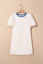 Beige Stripe Seersucker Contrast Round Neck Puff Sleeve T Shirt Dress