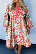 Khaki Plus Size Button V Neck Leopard Print Puff Sleeve Loose Mini Dress