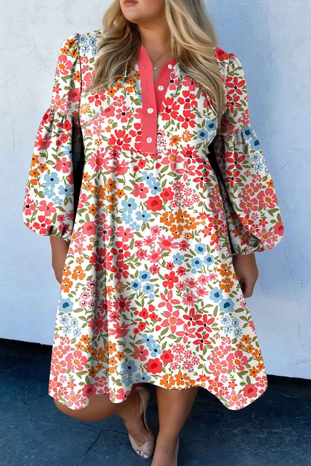 Khaki Plus Size Button V Neck Leopard Print Puff Sleeve Loose Mini Dress
