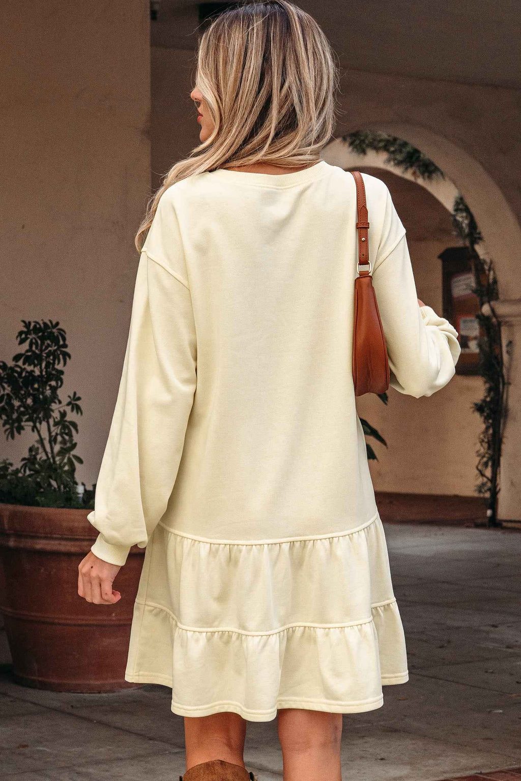 Beige Double Tiered Ruffle Hem Long Sleeve Loose Mini Dress