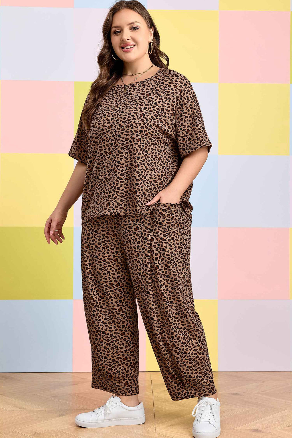 Brown Plus Size Leopard Loose Top Pleated Pants Set