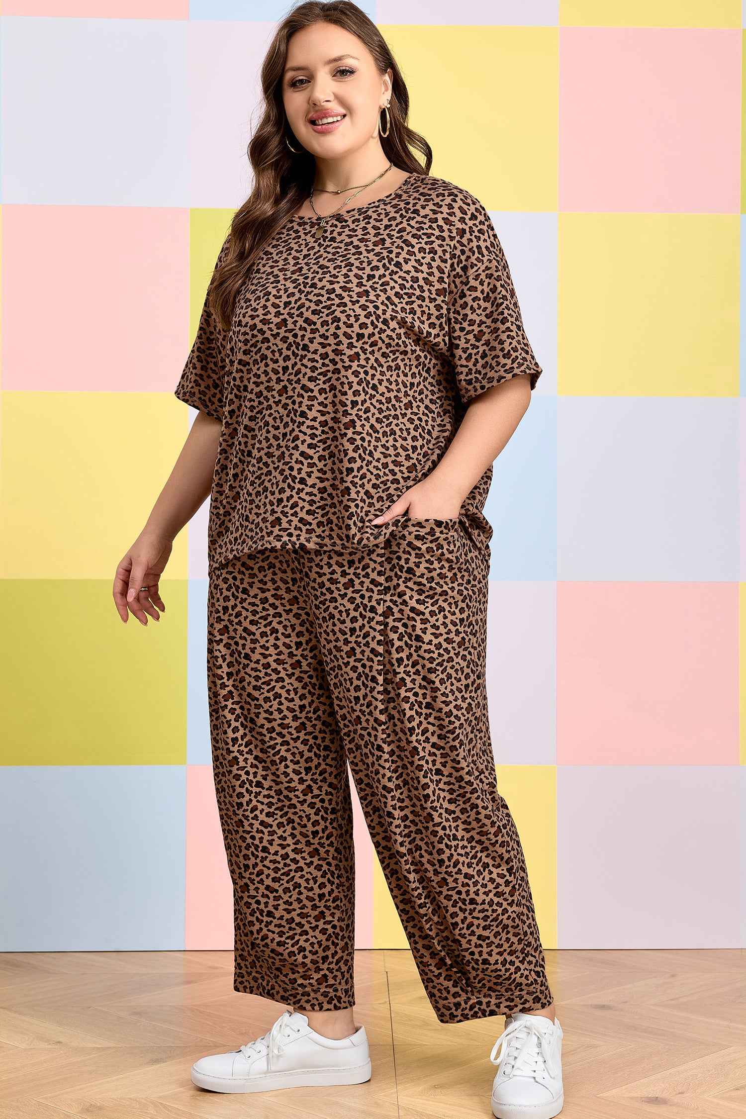 Brown Plus Size Leopard Loose Top Pleated Pants Set