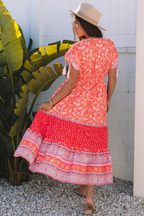 Red Floral Print Tasseled Tied Sleeve Empire Waist Maxi Dress