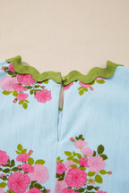 Sky Blue Floral Printed Contrast Ricrac Detail Bubble Sleeve Dress