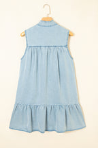Beau Blue Bowknot Neck Sleeveless Ruffled Chambray Dress