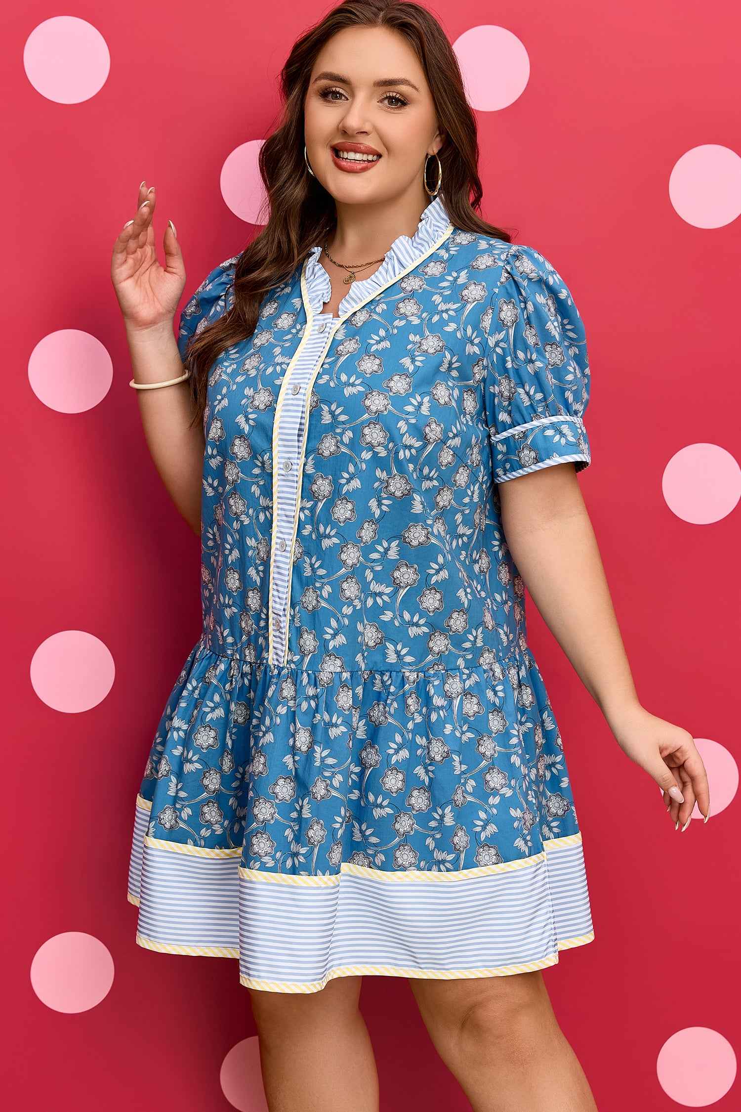 Blue Plus Size Floral Print Striped Patchwork Detail Button Front Ruffle Hem Dress
