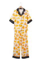 Orange Short Sleeve Pumpkin Print Polka Dot Trim Pocket Pocket Placket Home Wear Lounge Set - MuseLover