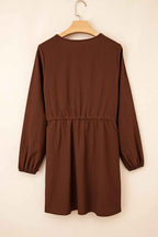 Burgundy Floral Embroidered Tassel Tie Waist Long Sleeve Mini Dress