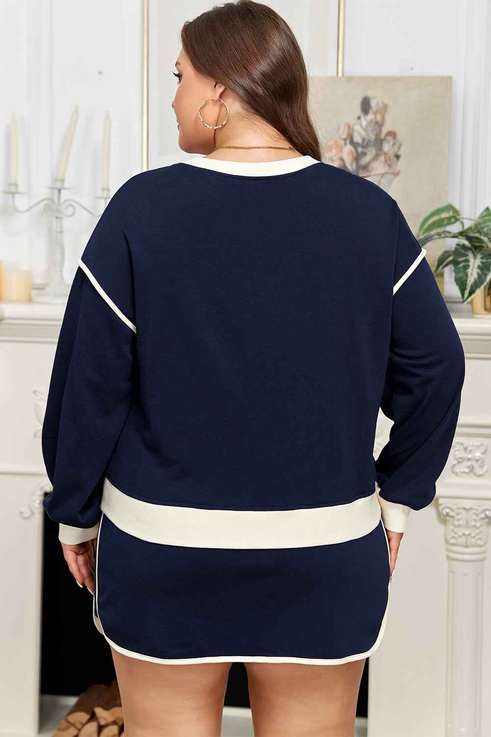 Navy Blue Plus Color Block Drop Shoulder Top and Lace-up Skirt Outfit