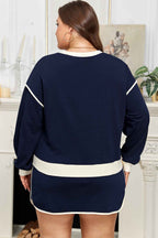 Navy Blue Plus Color Block Drop Shoulder Top and Lace-up Skirt Outfit