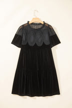 Black Embroidered Velvet Short Sleeve Mini Shift Dress