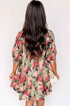 Green Floral Print Frilled Collar V Neck Half Sleeve Mini Dress
