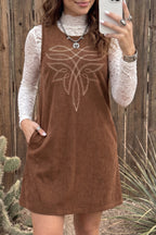 Coffee Geometric Embroidery Sleeveless Corduroy Shift Dress