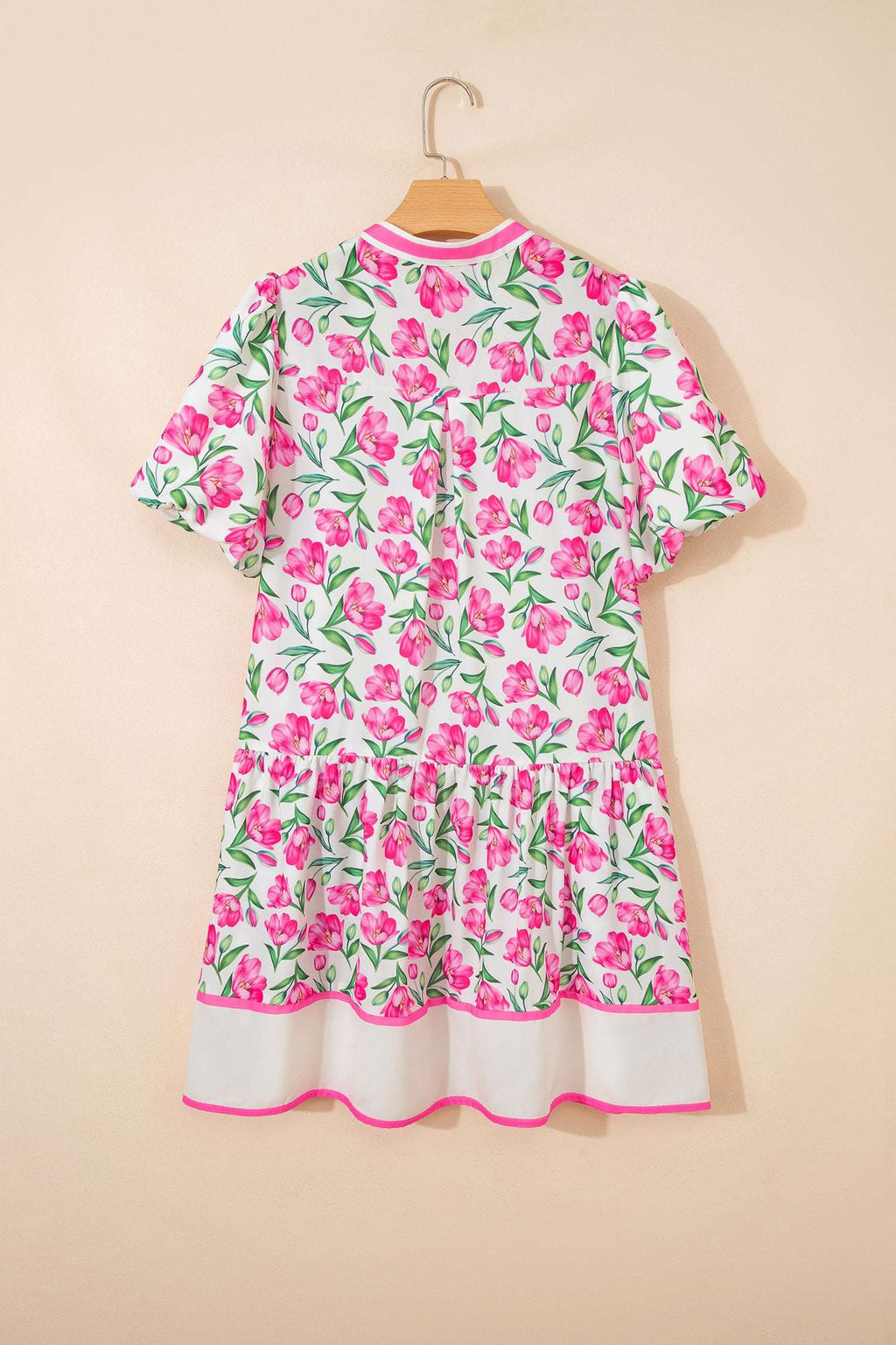 Multicolour Sweet Floral Print Striped Color Block Trim Short Dress