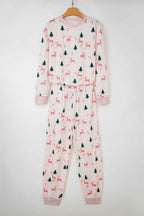 Pink Bow Christmas Tree Print Contrast Striped Banding 2pcs Lounge Set