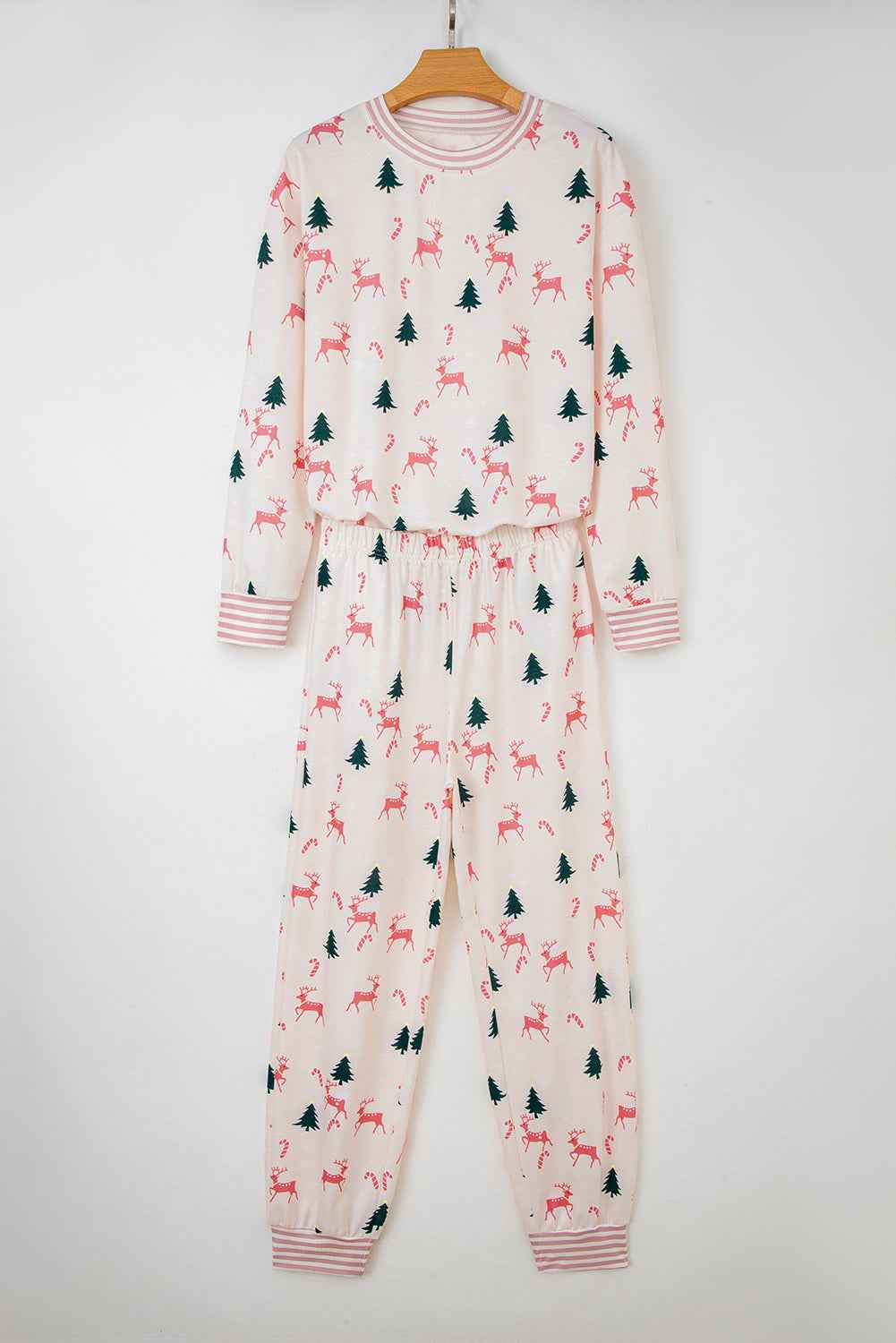 Pink Bow Christmas Tree Print Contrast Striped Banding 2pcs Lounge Set