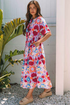 Rose Floral Tied Front High Waist Short Sleeve Loose Long Dress