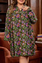 Green Plus Size Floral Print Collared V Neck Loose Mini Dress