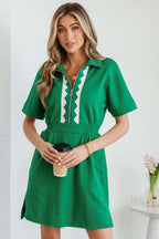 Bright Green Contrast Patchwork Half Zip Elastic Waist Short Sleeve Mini Dress