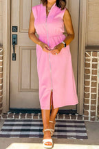 Pink V Neck Sleeveless Double Zip Shift Midi Dress