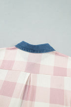 Pink Waffle Plaid Print Contrast Denim Shirt Collar Buttoned T Shirt Mini Dress