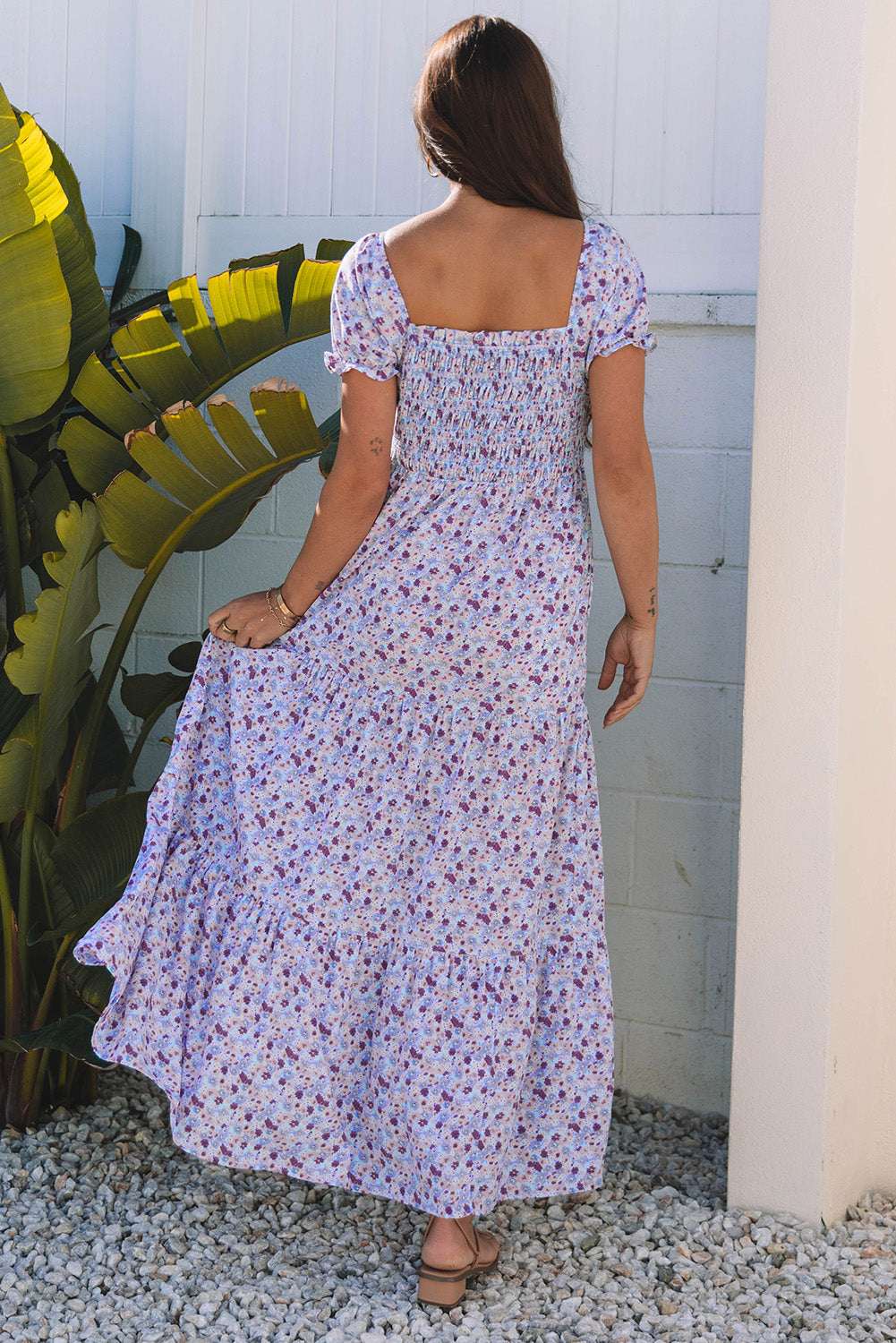 Purple Floral Short Bubble Sleeve Shirred High Waist Maxi Dress