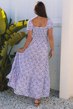 Purple Floral Short Bubble Sleeve Shirred High Waist Maxi Dress