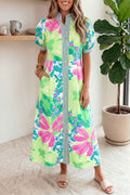 Pink Floral Print Striped Trim Button Down Short Sleeve Vacation Dress - MuseLover