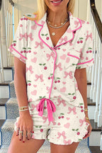 White Floral Print Contrast Pipping Short Pajamas Set