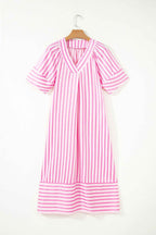 Pink Stripe V Neck Short Sleeve Shift Long Dress