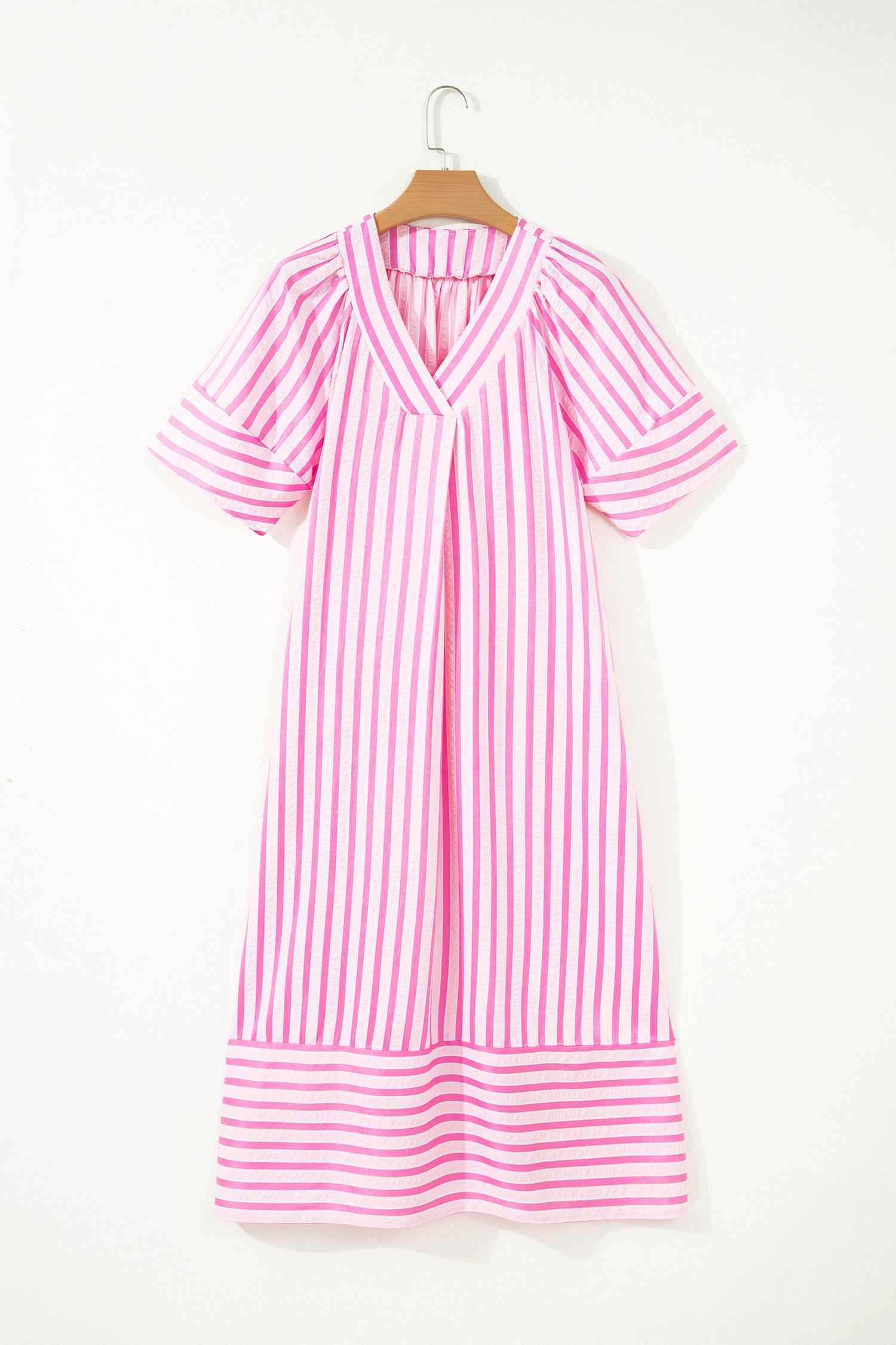 Pink Stripe V Neck Short Sleeve Shift Long Dress