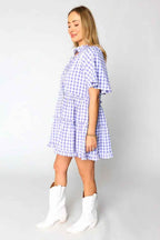 Lavendula Plaid Ruffle Wide Short Sleeve Babydoll Mini Dress