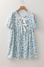 Sky Blue Leopard Contrast Bow Puff Sleeve Mini Dress