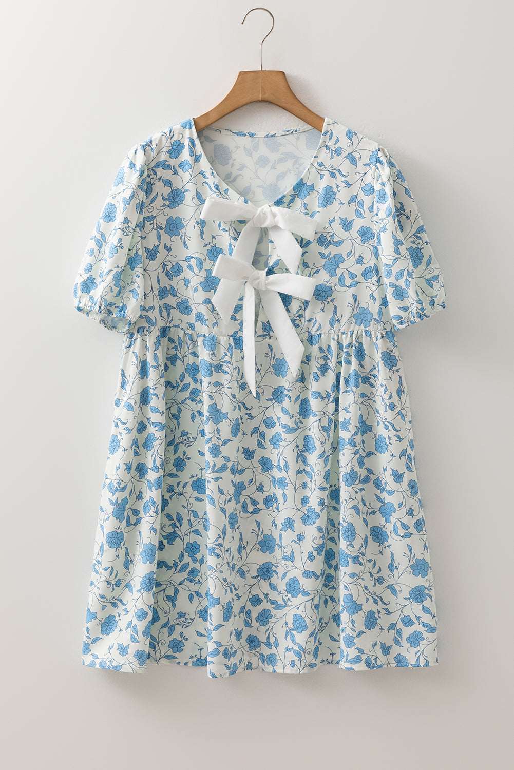 Sky Blue Leopard Contrast Bow Puff Sleeve Mini Dress