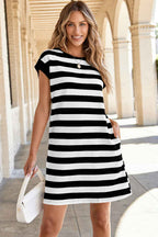 Black Stripe Cap Sleeve Shift T Shirt Dress