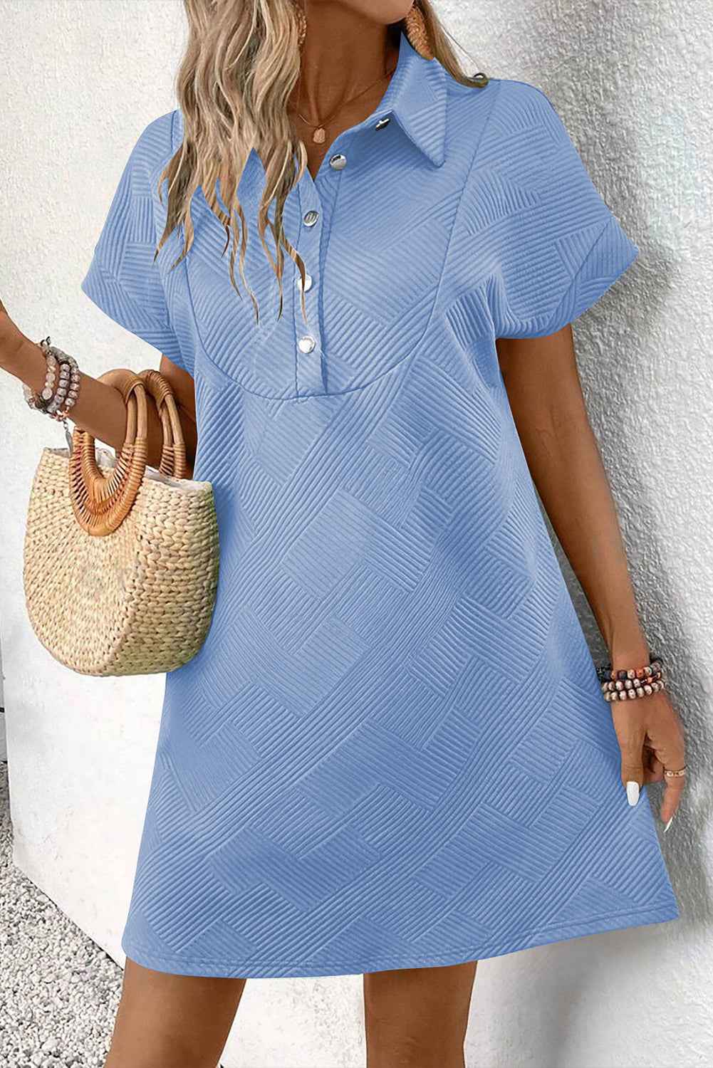 Myosotis Solid Color Textured Short Sleeve A Line Mini Dress