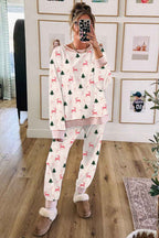 Pink Bow Christmas Tree Print Contrast Striped Banding 2pcs Lounge Set