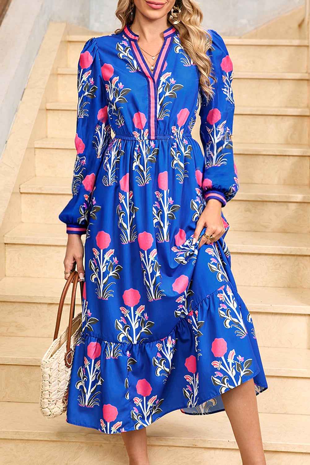 Blue Floral Print Striped Trim Split Neck Long Sleeve Ruffle Hem Midi Dress