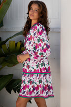 Purple Floral Print Contrast Striped Detail Long Sleeve Mini Dress