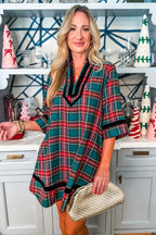 Green Plaid Velvet Trim Pockets Short Shift Dress