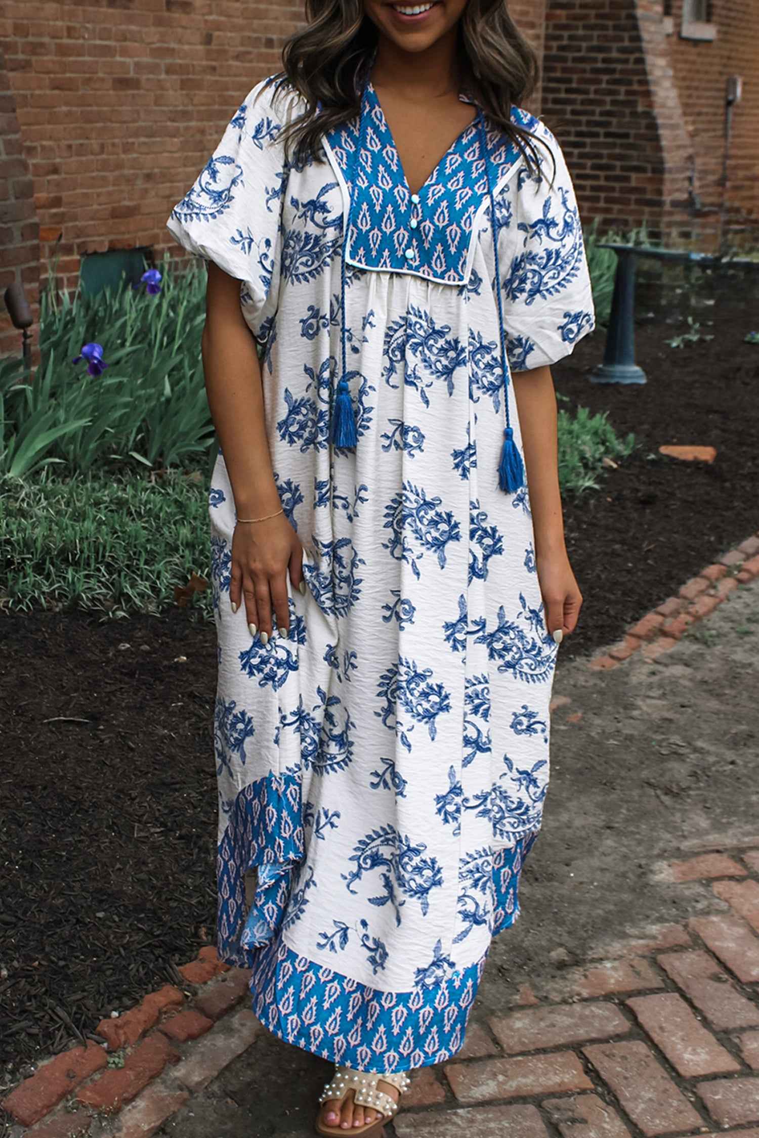 Sky Blue Boho Abstract Print Contrast Trim V Neck Tassel Tie Dress