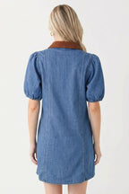 Blue Denim Short Puff Sleeve Color Block Shirt Collar Patchwork Mini Dress