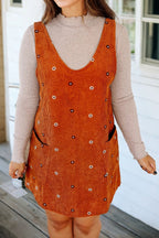Gold Flame Flower Embroidered Corduroy Overall Mini Dress
