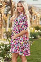 Pink Floral Puff Short Sleeve V Neck Mini Dress